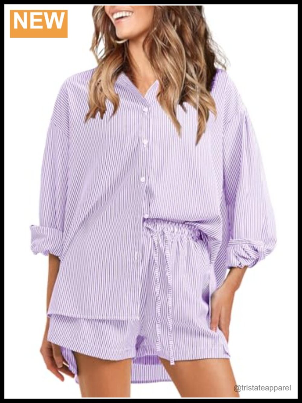 2 Piece Lounge Set Long Sleeve Button Shirt & High Waist Shorts Cotton Blend